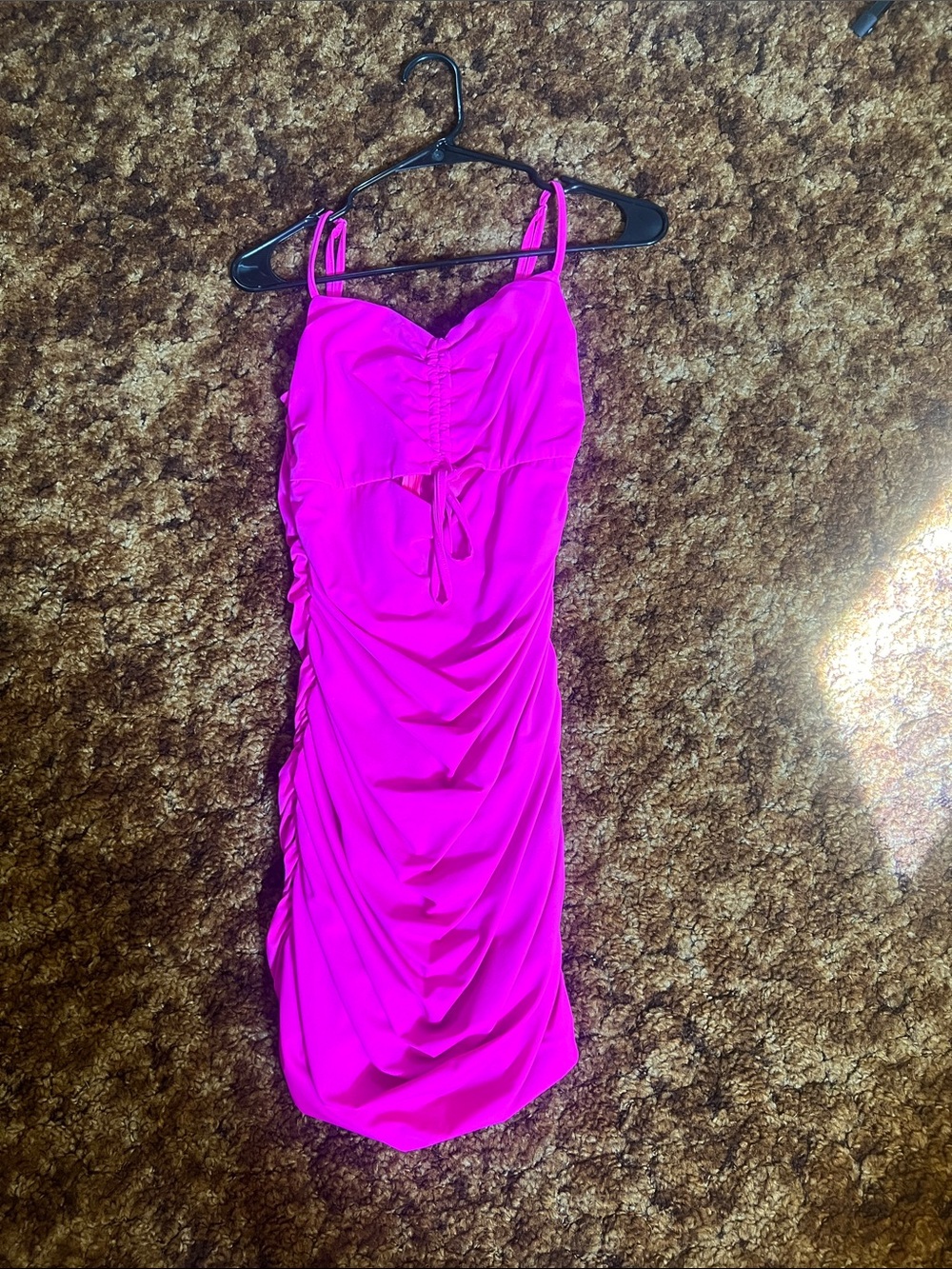 Lulu's Hot Pink Ruched Spaghetti Strap Mini Dress